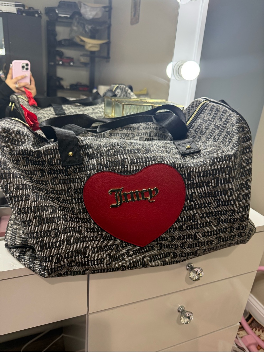 Juicy Couture Gray Monogram Travel Bag with Red Heart Patch